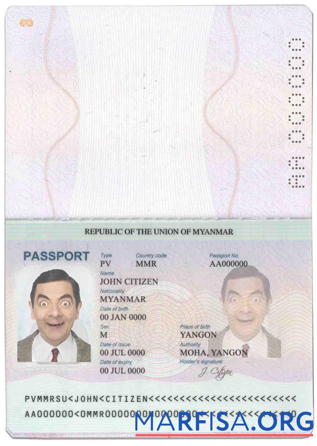 Realistic Myanmar passport sample
